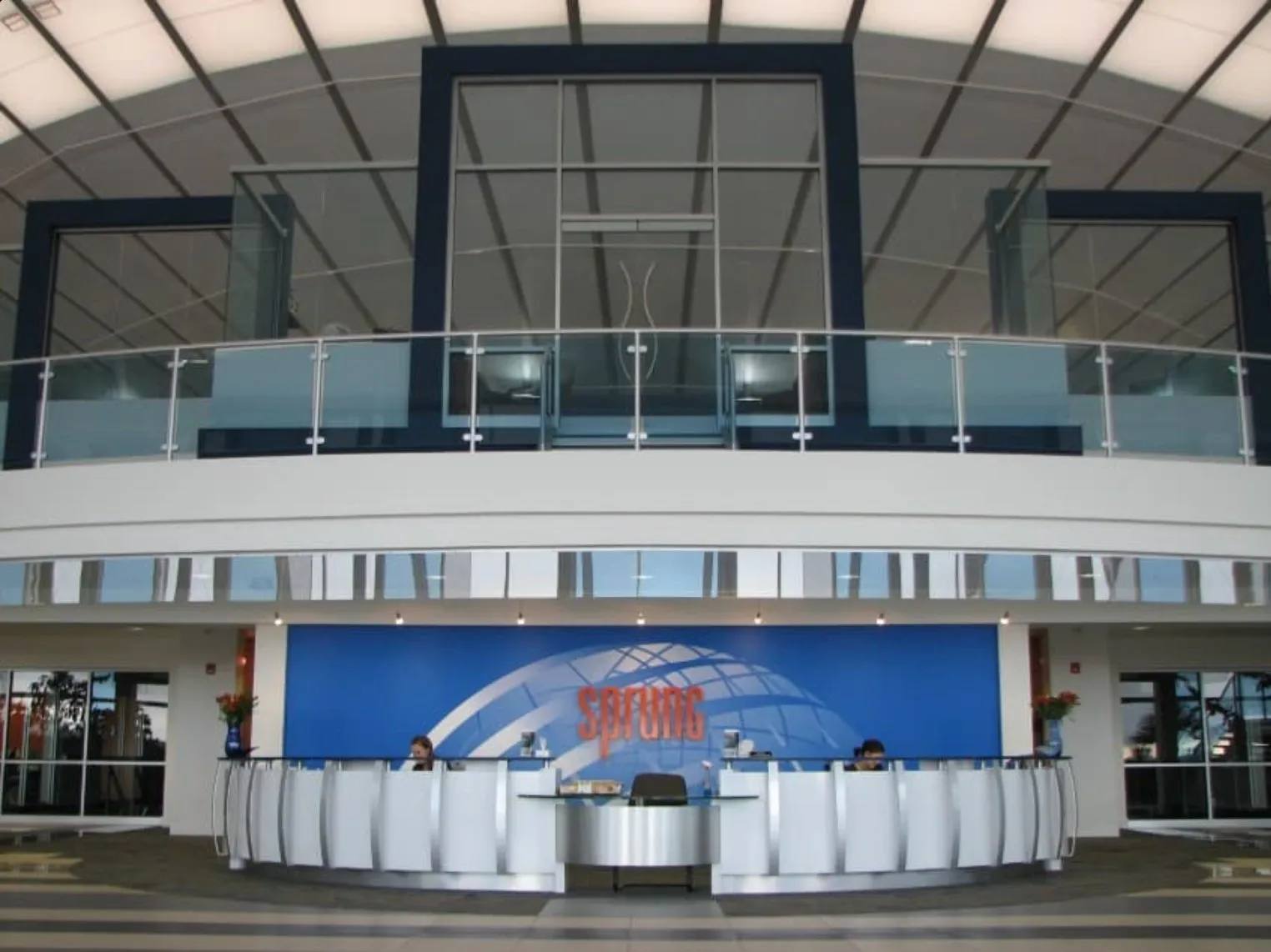 A bright, clean commercial office building lobby